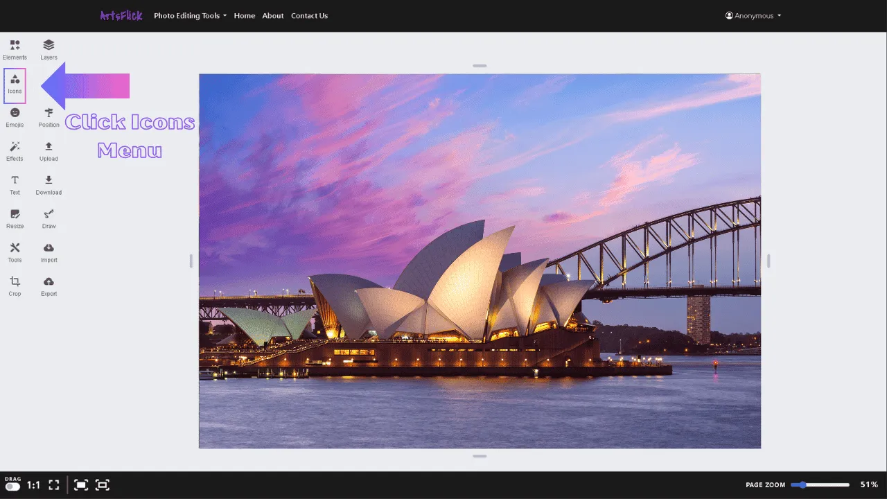 User opening the Icons menu in ArtsFlick online photo editor from the left sidebar