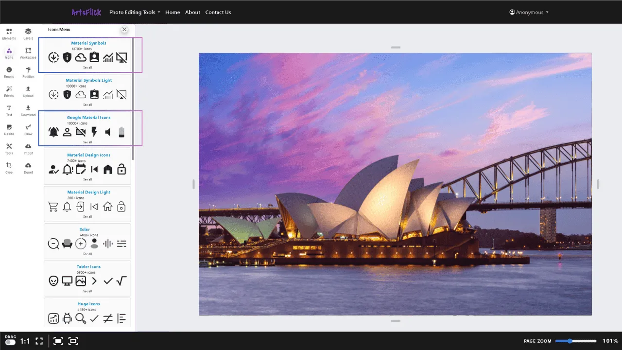 Choosing an icon category in ArtsFlick editor to explore different free and stylish icons