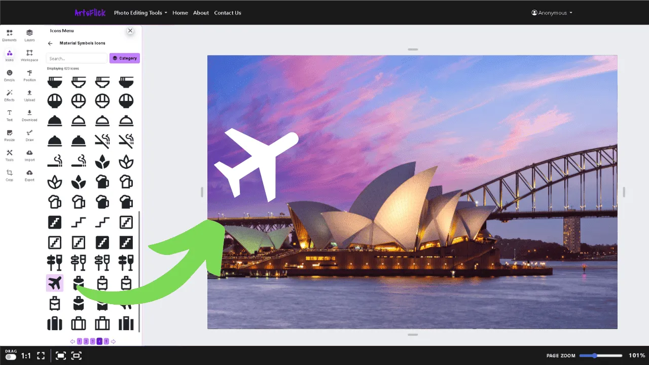 Browsing and searching icons in ArtsFlick photo editor to find the perfect decorative icons