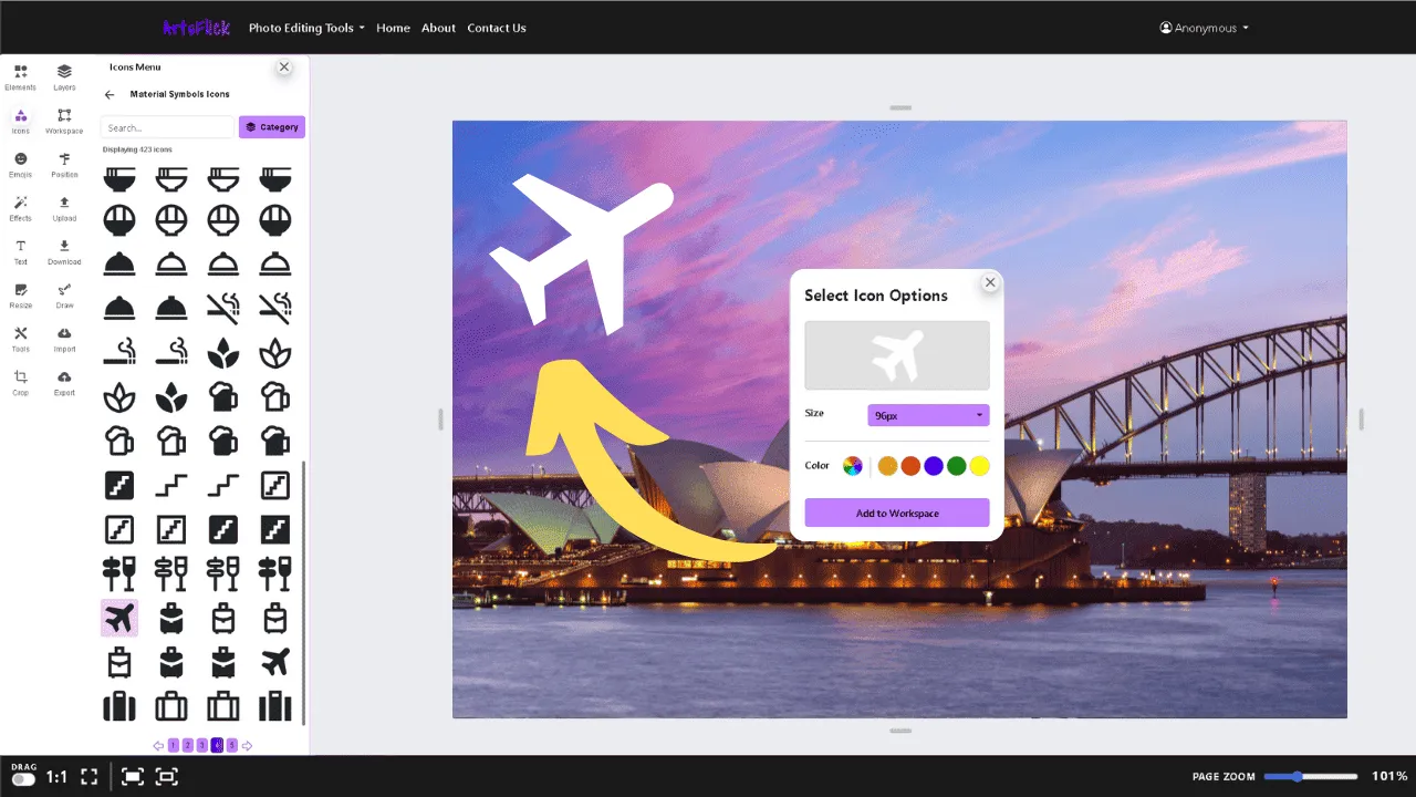 Resizing, recoloring, and placing icons on a photo using ArtsFlick online image editor