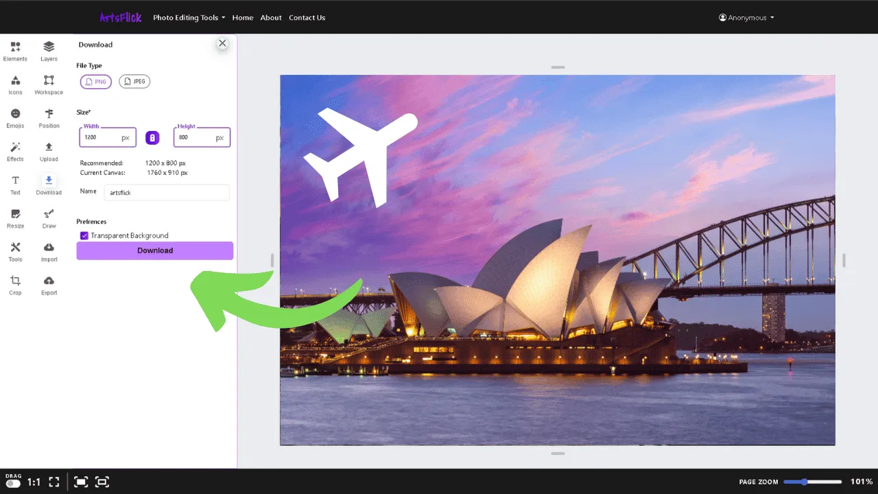 Downloading edited photo with icons in high-resolution JPEG or PNG format from ArtsFlick