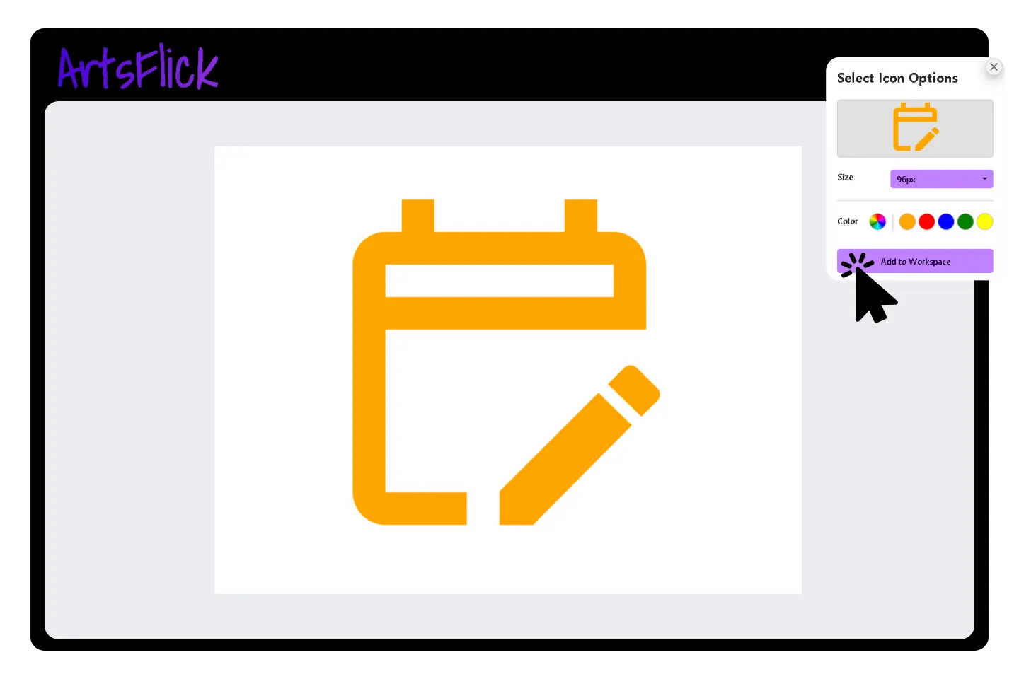 ArtsFlick online icon editor interface for creating and customizing professional icons