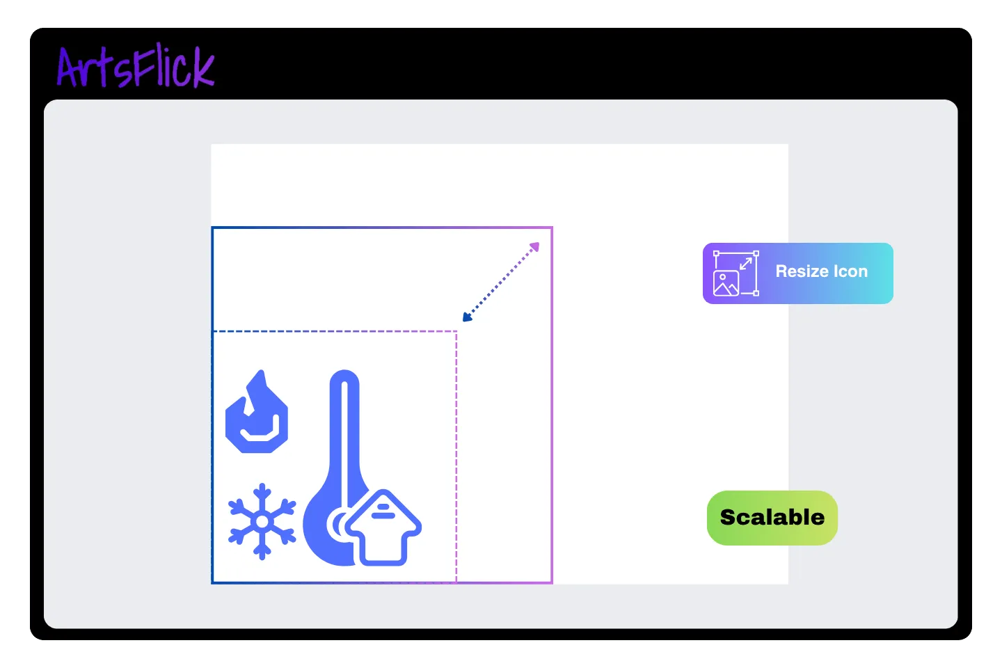 ArtsFlick online editor demonstrating unlimited icon scaling without quality loss