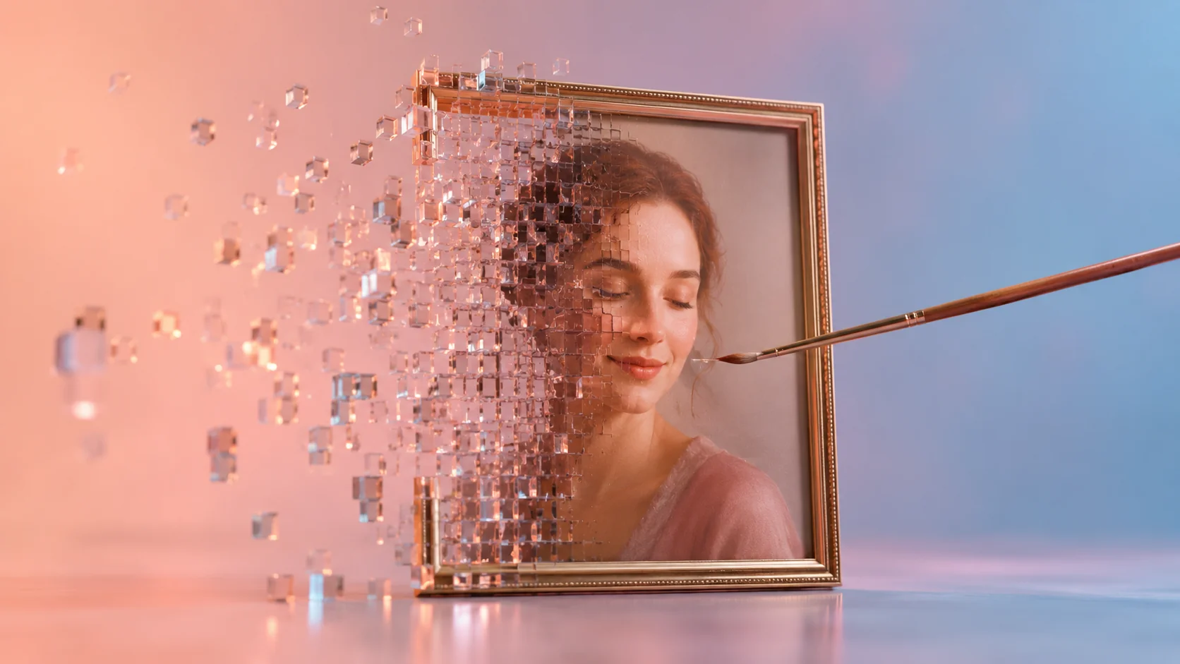 A glitched AI portrait being repaired, illustrating how to fix AI image artifacts