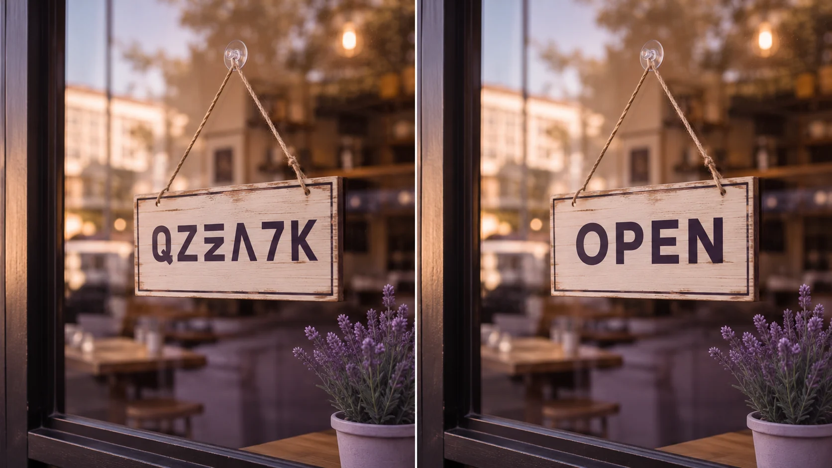 Garbled AI-generated sign text before and after being repaired