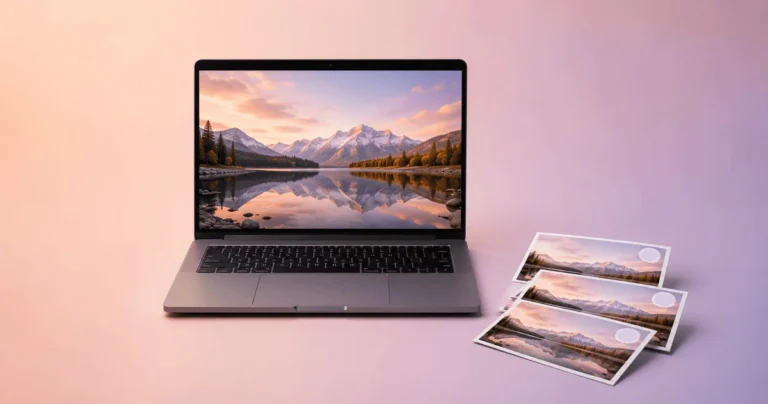 Laptop with a clean exported photo beside stamped versions