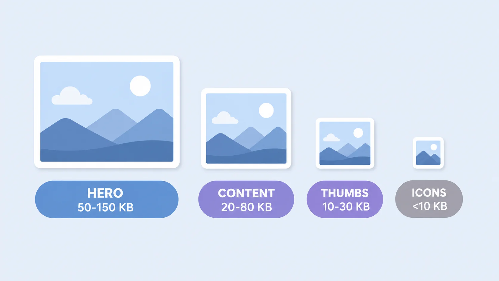 Infographic showing target file sizes for hero images, content images, thumbnails and logos