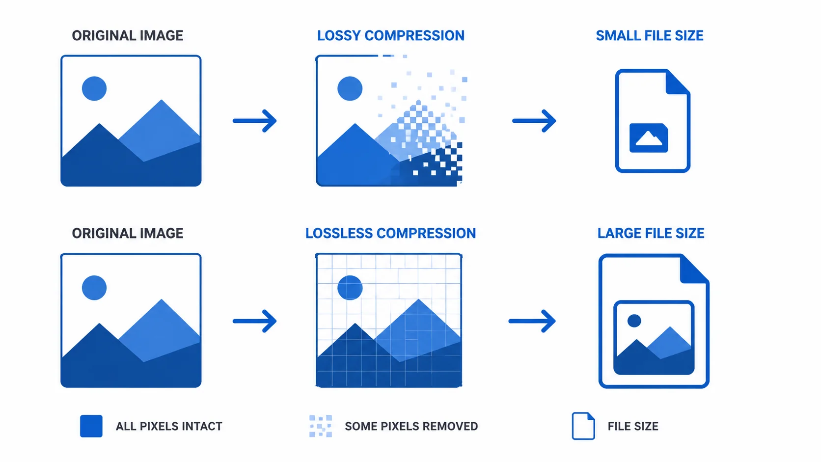 Diagram comparing lossy compression discarding data with lossless compression preserving every pixel