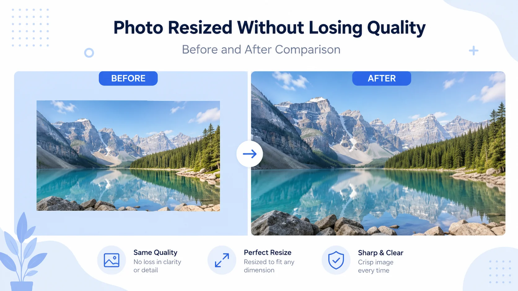 Before and after example showing how to resize an image without losing quality