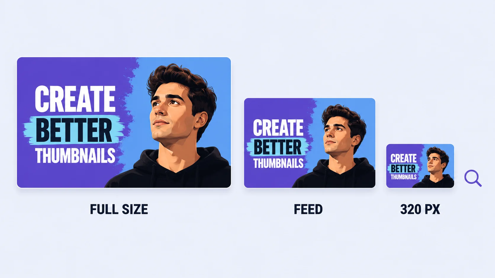 The same YouTube thumbnail shown at three shrinking sizes to demonstrate the squint test