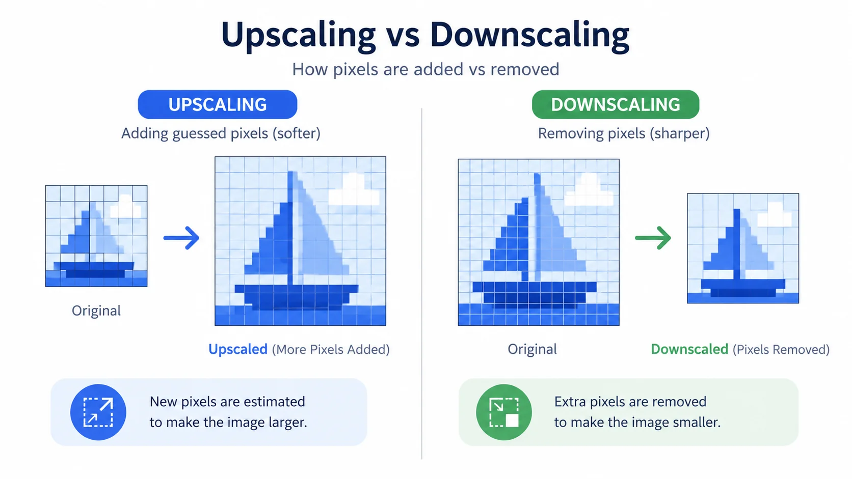 Diagram showing pixels invented during upscaling versus pixels removed during downscaling