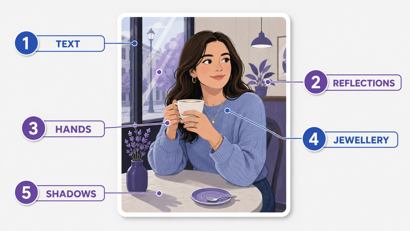 Infographic showing the five areas to check when trying to spot AI generated images