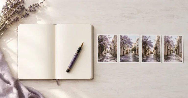 Handwritten notes beside printed image variations on a desk