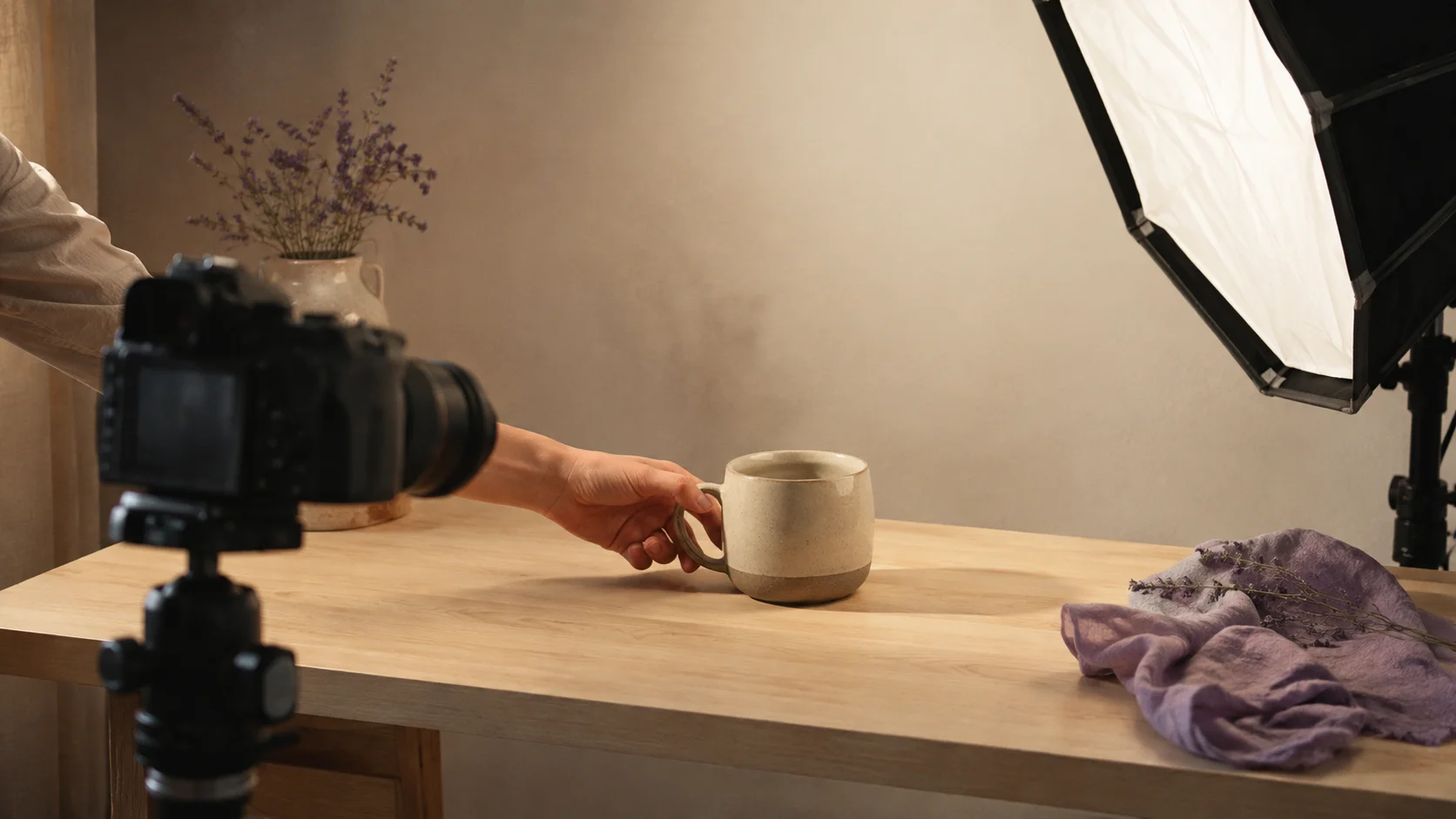 Small photo shoot being directed, illustrating how AI image prompts brief a scene