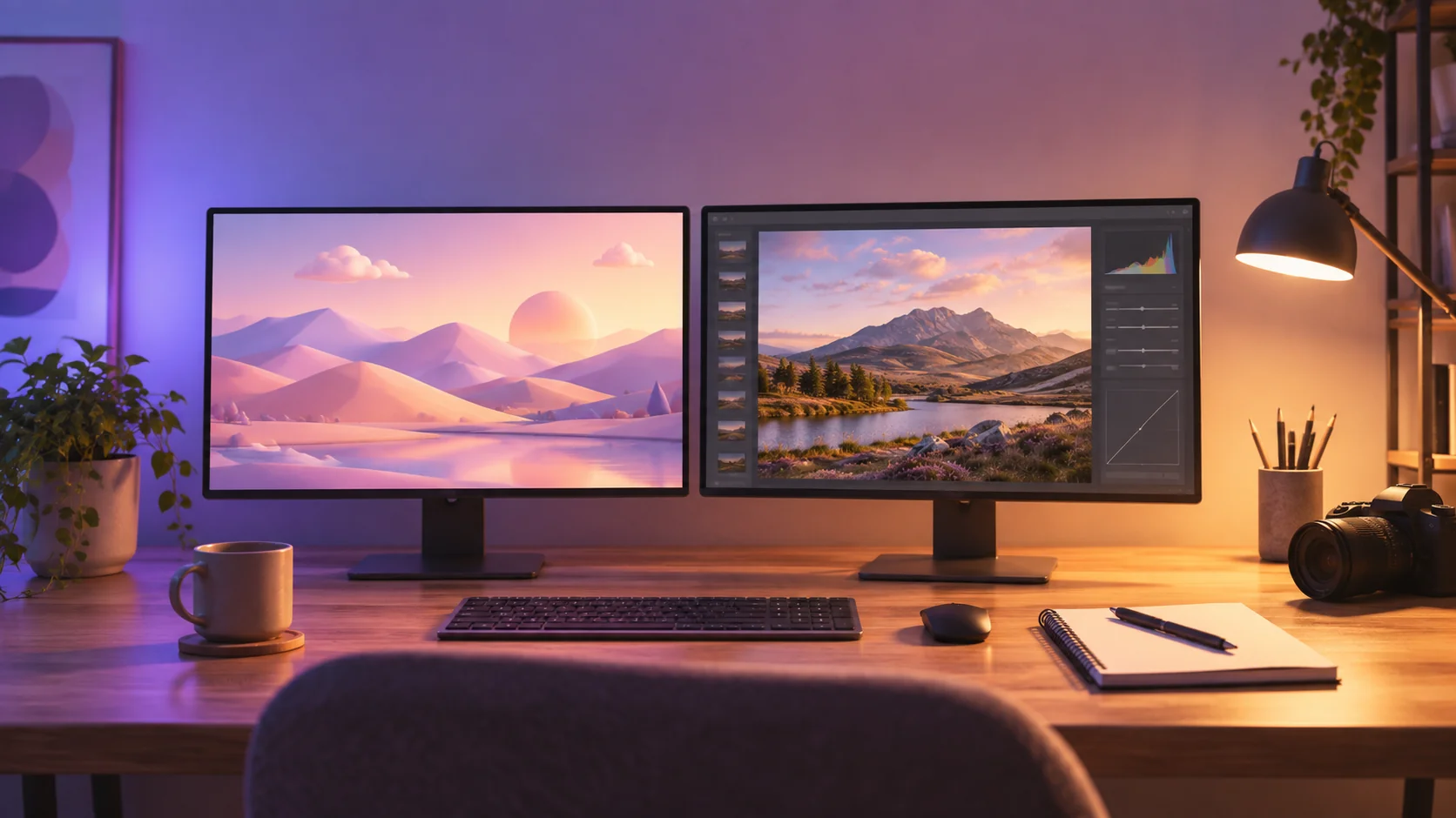 Split scene comparing ai image generators vs photo editors on two screens