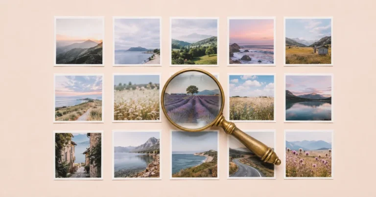 Magnifying glass over a grid of photo thumbnails