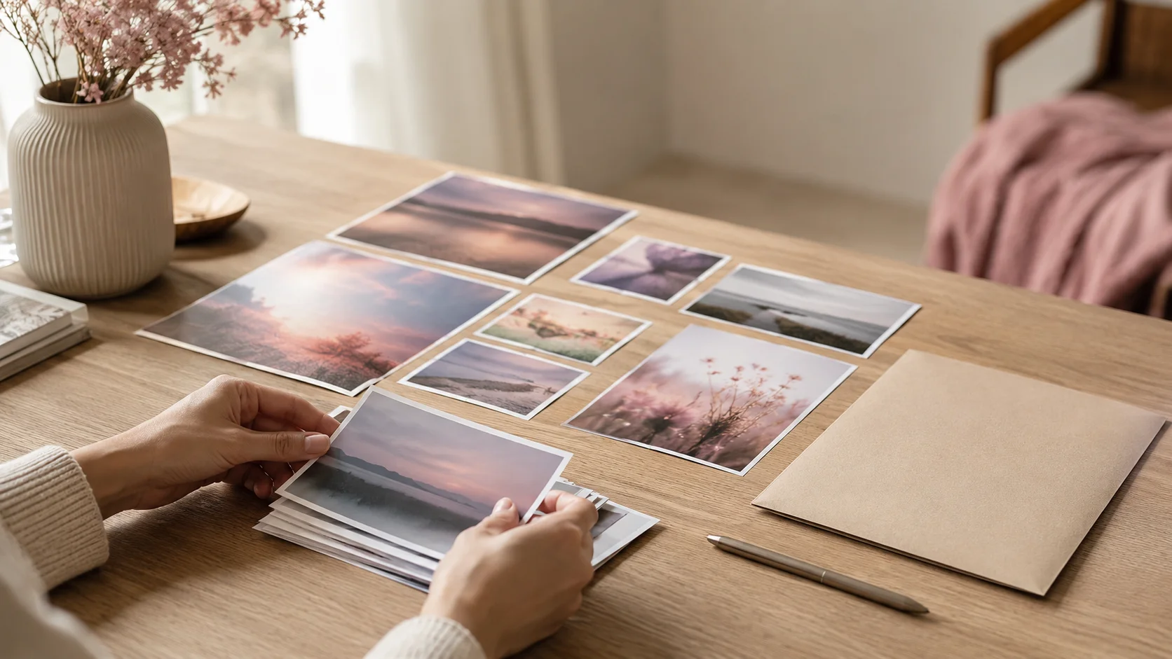 Printed photographs in several photo print sizes arranged on a table
