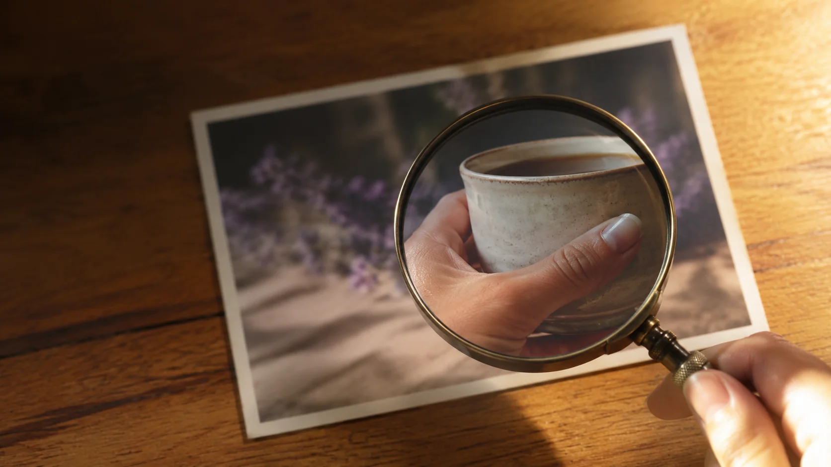 Magnifying glass examining a photograph to spot AI generated images