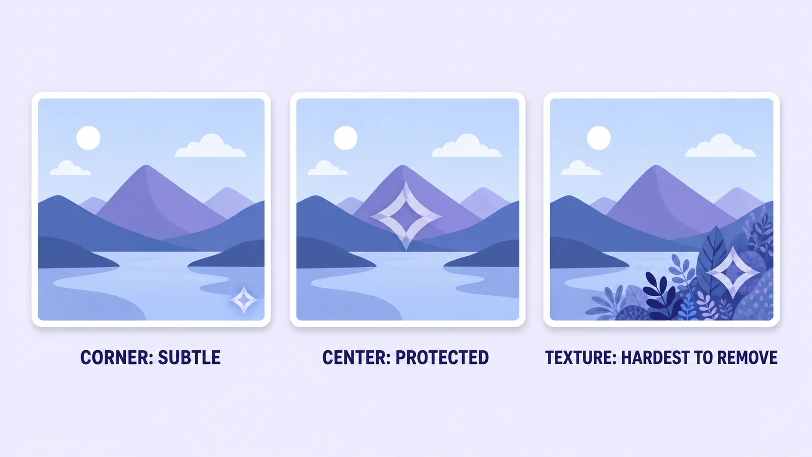 Infographic comparing corner, centered and textured-area watermark placement