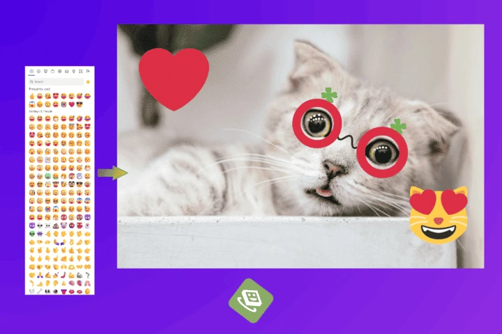 Emoji picker open with emojis placed on a photo