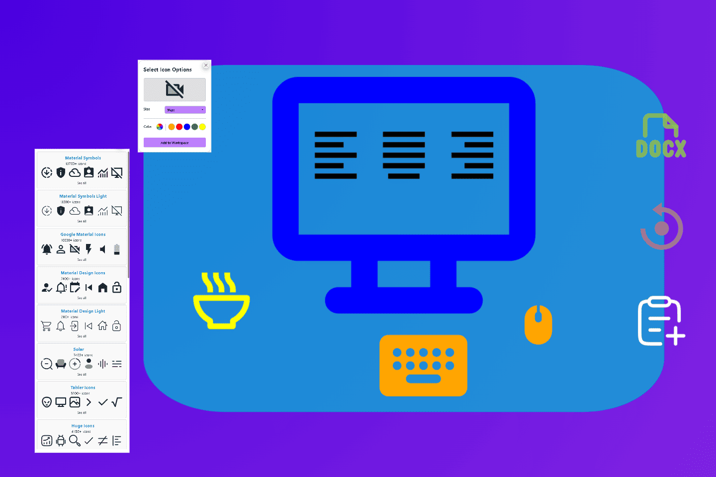 Icon library open with an icon placed on the canvas