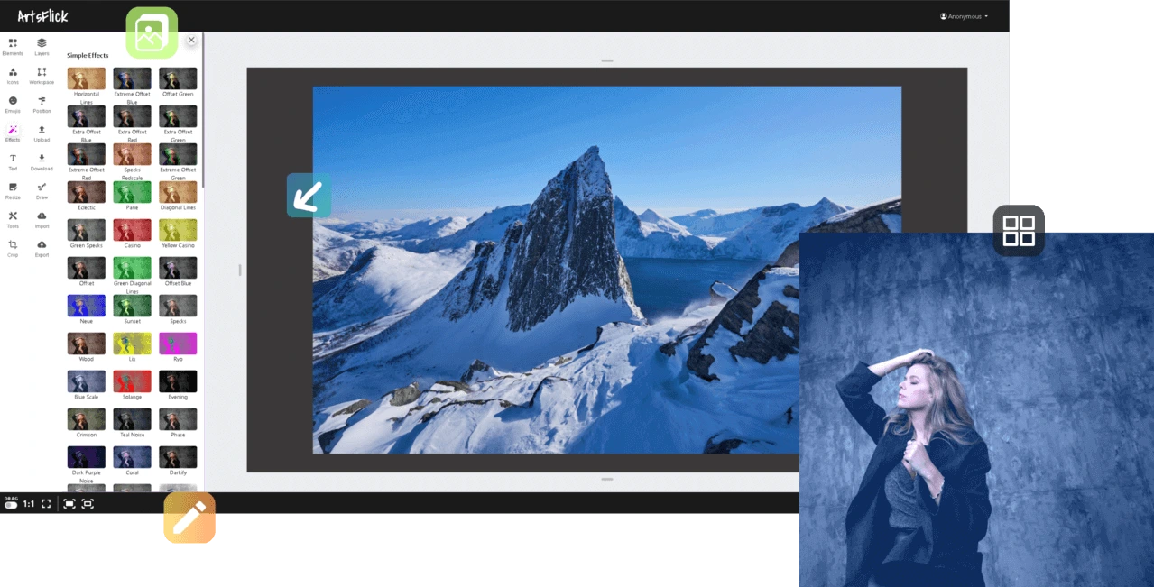 ArtsFlick editor showing photo editing features including filters, layers and text tools