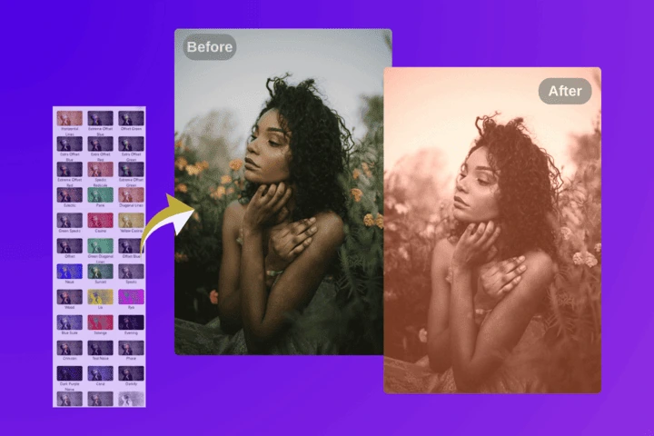 Filter thumbnails panel open beside a photo in the ArtsFlick editor